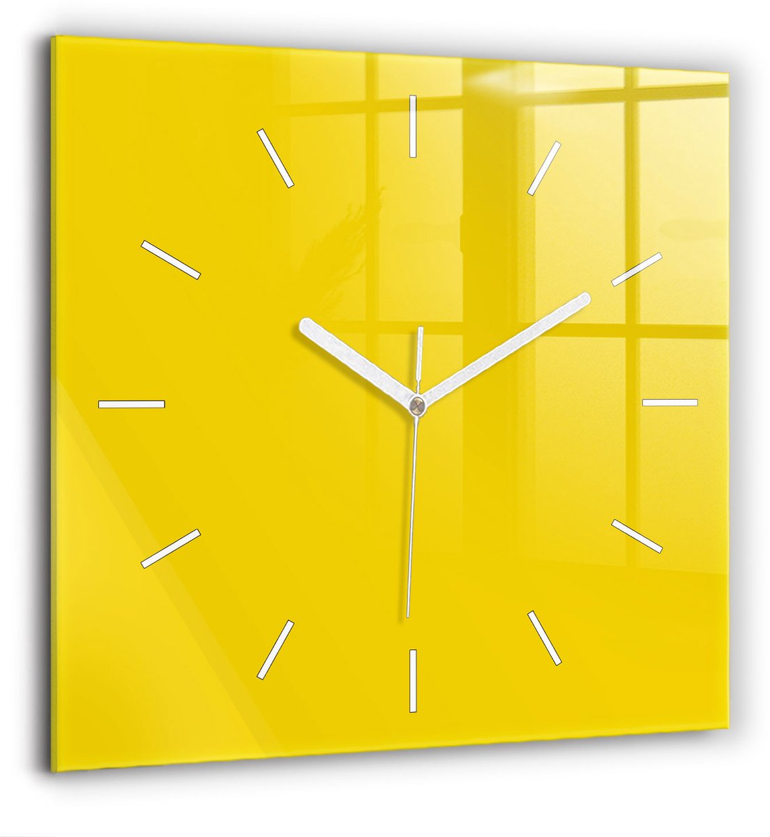 Wallfluent Wandklok - Geel Vierkante Glazen Wandklok - 60 cm x 60 cm - Geel Wandklok - Witte Handen - Wandklok Zonder Cijfers - Stille Wandklok Slaapkamer - Vierkante Glas Klok - Scandinavisch Wandklok - Vierkante Glazen Klok