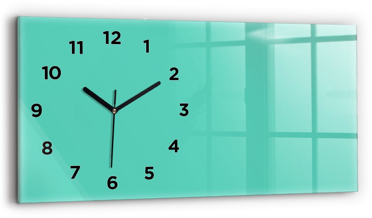 Wallfluent Wandklok - Turkoois Rechthoekige Glas Klok - 60 cm x 30 cm - Turkoois Wandklok - Zwarte Handen - Wandklok Met Cijfers - Wandklok Glas Woonkamer - Rechthoekige Glazen Wandklok - Scandinavisch Wandklok - Glazen Klok Rechthoekige