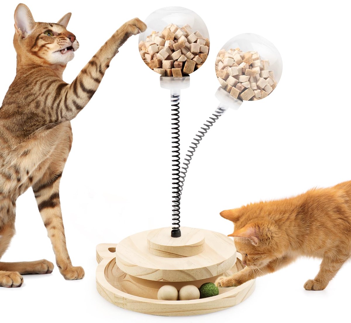 Wiebelend Huisdier Voer Slimheidsspeelgoed – Houten Basis + Dubbele Baan – Traag Eten Bevordert Vertering – Universele Interactieve Draaischijf Voor Kat & Hond