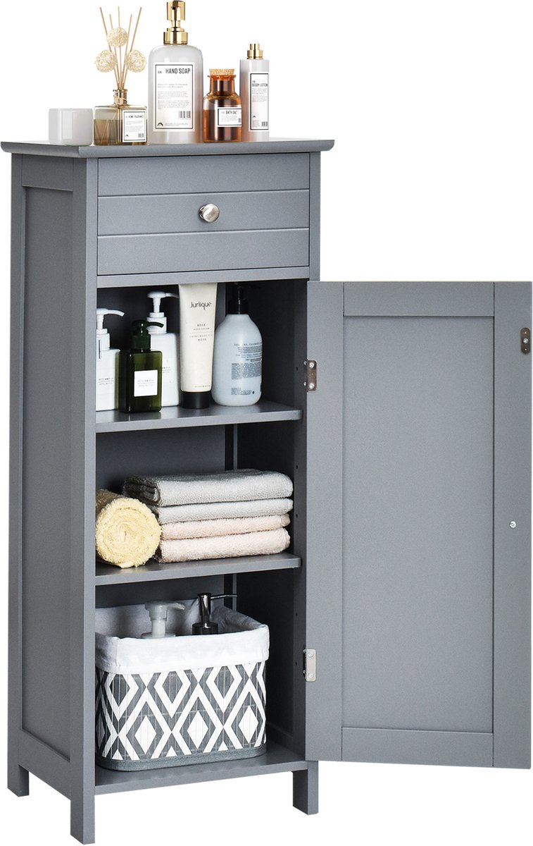 COSTWAY Smal, vrijstaande badkamerkast met lade en verstelbare planken, bijzetkast van hout voor slaapkamer en woonkamer, 35 x 30 x 88 cm (grijs)