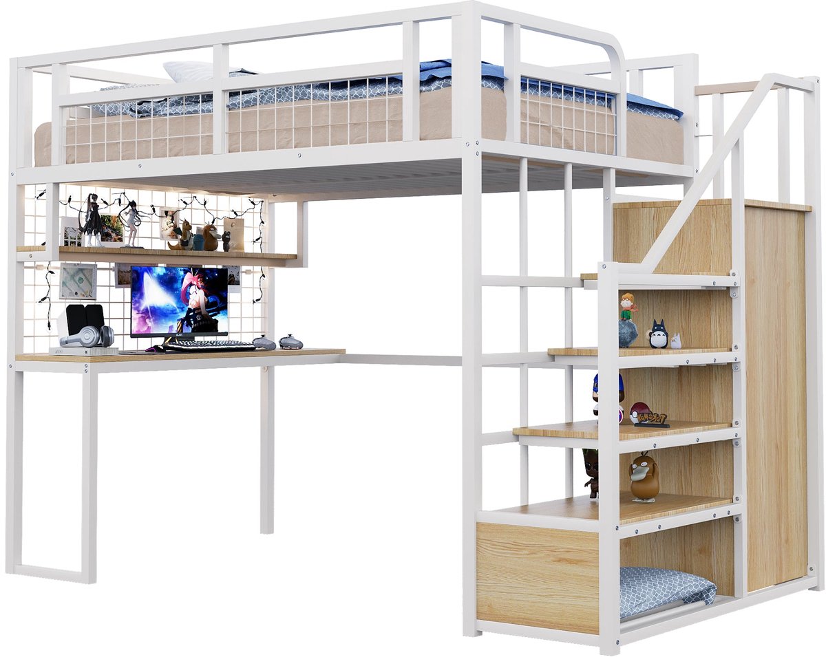 Merax Metalen Hoogslaper 140x200 cm met Bureau en Kledingkast – Multifunctioneel Bed met Opbergruimte en Planken – Wit met Bruin