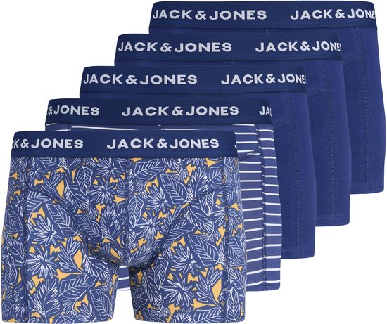 Set van vijf boxershorts: één met tropische print, één met strepen en drie effen blauw.
