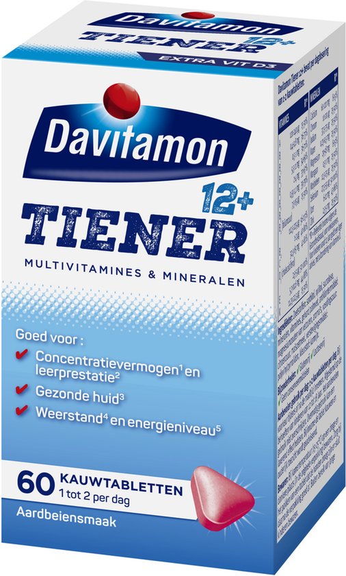 Davitamon Tiener 12+ Extra Vit D3, 60 aardbei kauwtabletten verpakking.