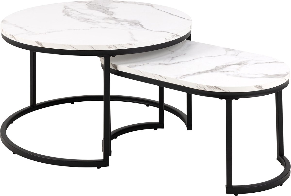 Azomor® Set van twee stijlvolle salontafels met marmerlook en zwart metalen frame