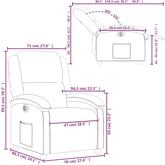 Maattekening van een gele fauteuil met afmetingen in cm en inches.