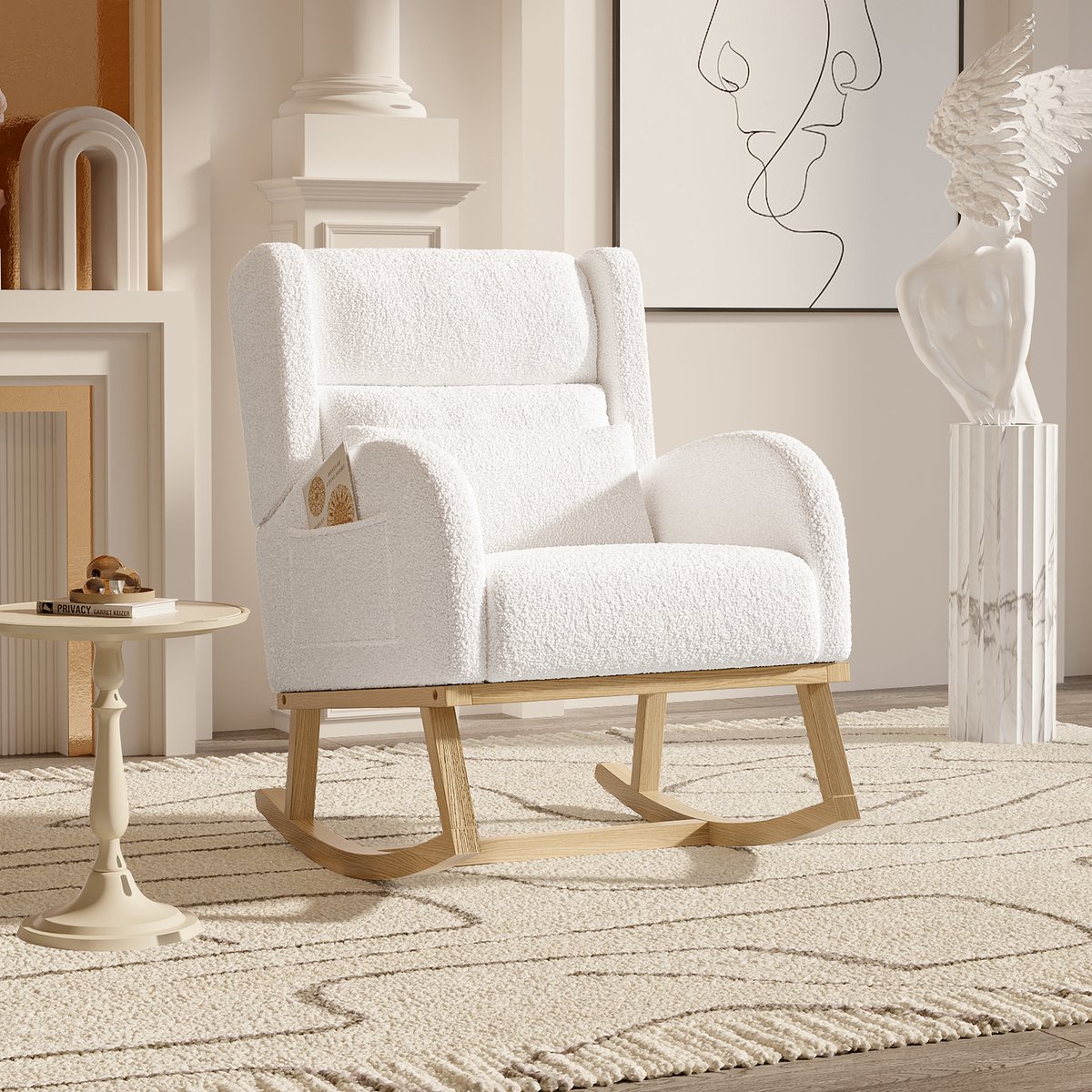 Schommelstoel in pluche stof, woonkamer fauteuil met zijzakken en lendenkussen, massief houten basis, schommelstoel voor woonkamer, slaapkamer, Wit