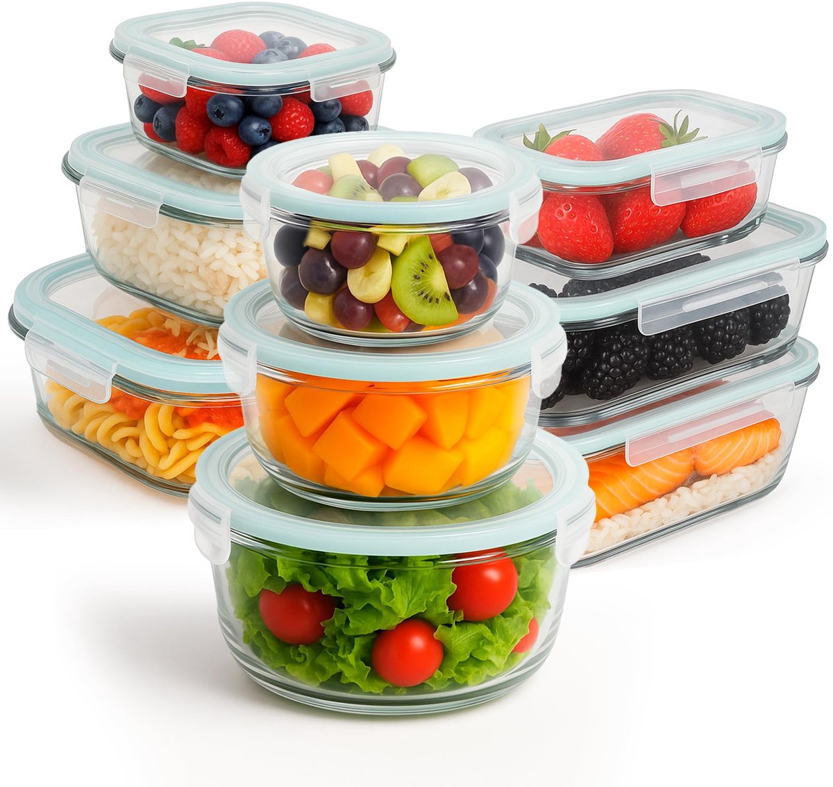Azomor® Set van 18 Glazen Voorraaddozen met Deksels in Diverse Maten en Vormen