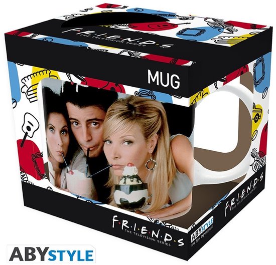 Verpakking van Friends-mok met afbeeldingen van de cast en Friends-logo. ABystyle logo.