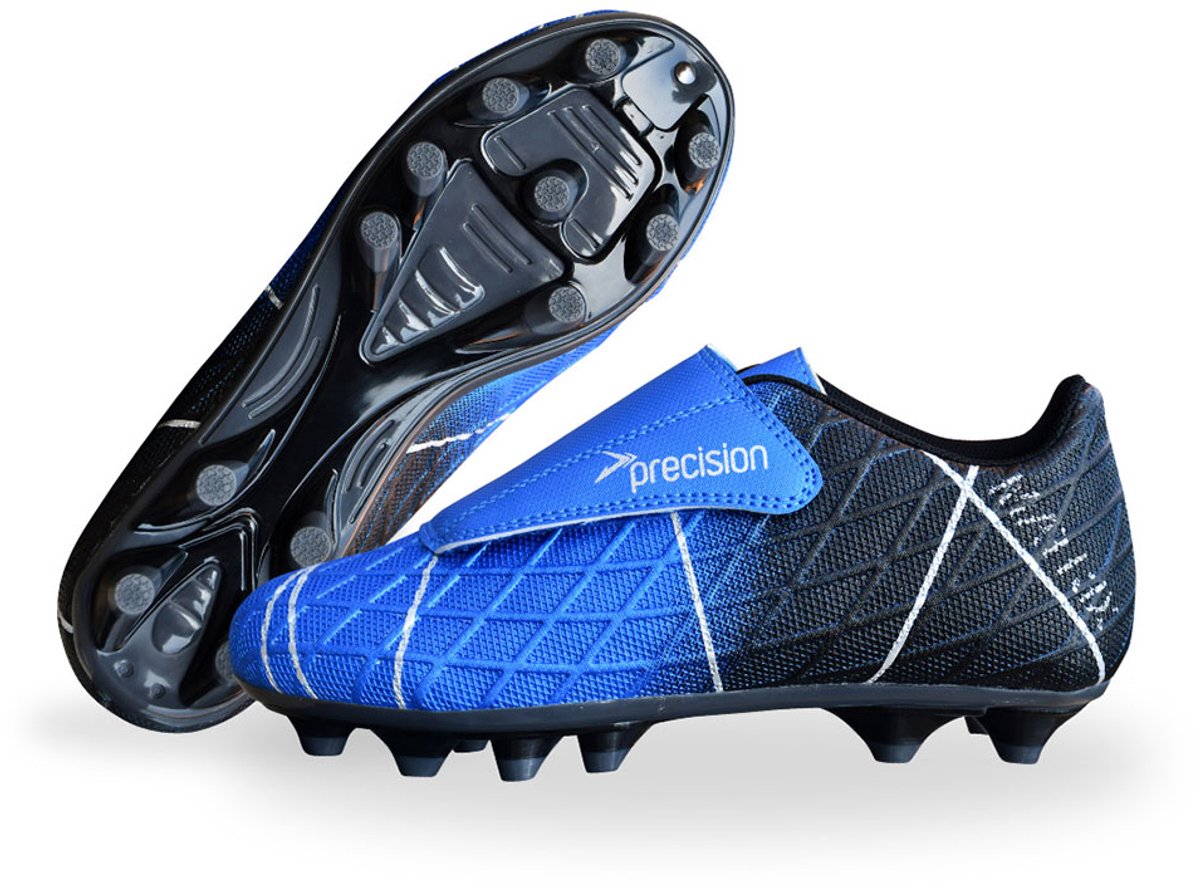 Blauwe Precision Matrix Fg voetbalschoenen EU 29 met klittenbandsluiting en stevige noppen voor grip op het veld.