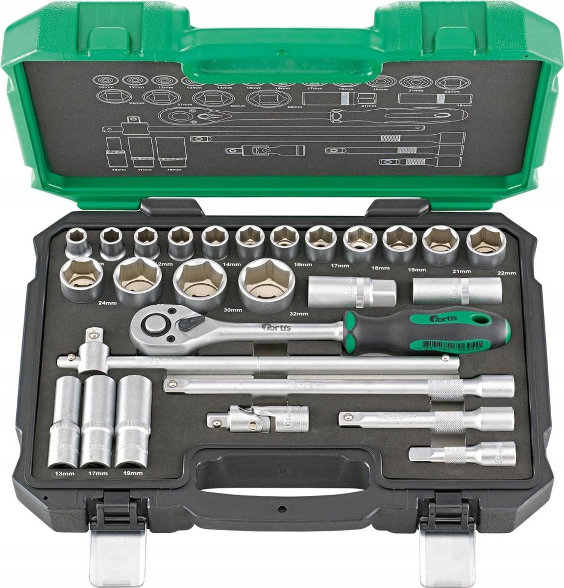 Fortis 27-delige doppenset 1/2", chroom-vanadiumstaal