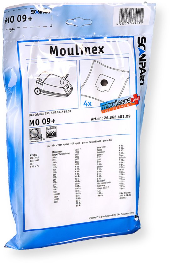 Scanpart stofzuigerzakken 4 stuks - Geschikt voor Moulinex Compact - 250 A8201 A8203 - Inclusief 1 filter - Alternatief