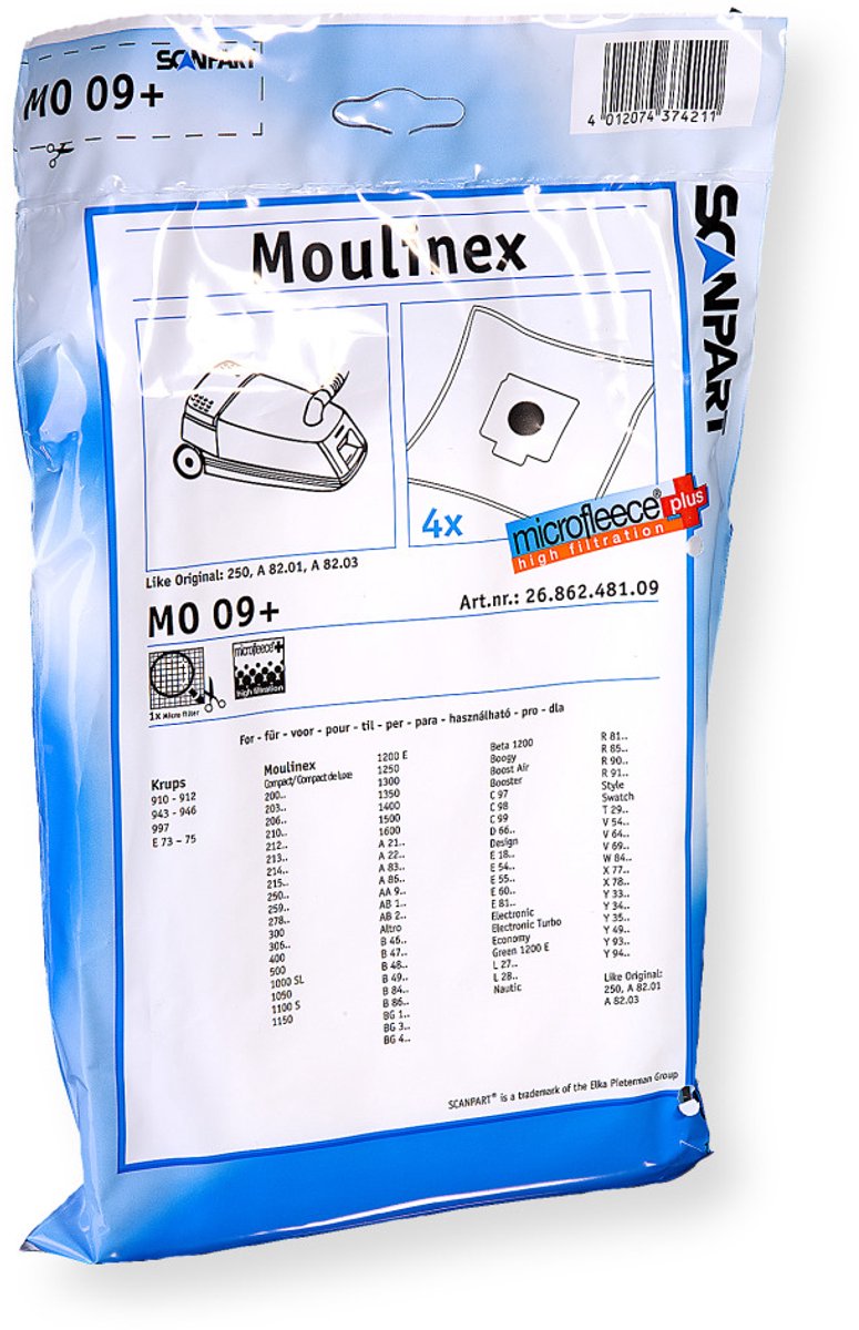 Scanpart stofzuigerzakken 4 stuks - Geschikt voor Moulinex Compact - 250 A8201 A8203 - Inclusief 1 filter - Alternatief