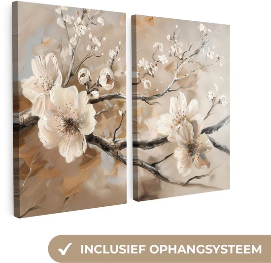 Ensemble de deux peintures avec des branches de fleurs de cerisier beiges, système de suspension inclus.