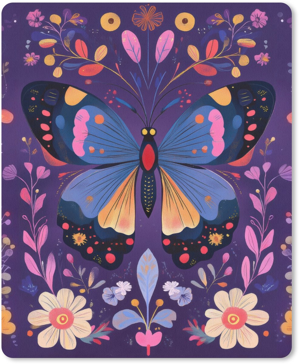 Muismat 19x23 cm - Mousepad Sierlijk - Bloemen - Vlinder - Paars - Muismatten