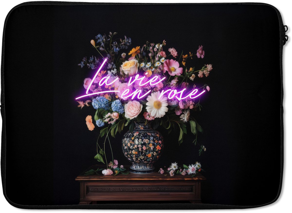 Laptophoes 13 inch - Neon - Vaas - Bloemen - Laptop sleeve - Binnenmaat 32x22,5 cm - Zwarte achterkant