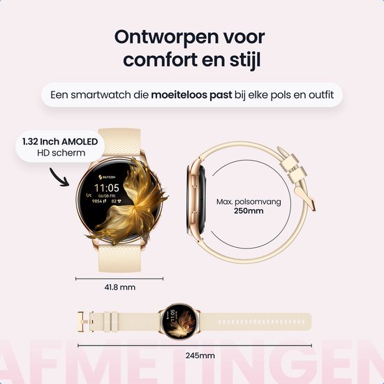 Siltcon® Auréa Smartwatch Dames - Horloge Dames - Stappenteller Horloge Dames - Hartslagmeter - Slaapmonitor - Saturatiemeter - Geschikt voor iOS/Android - AMOLED - RVS - Elke pols - Incl. 5 Bandjes