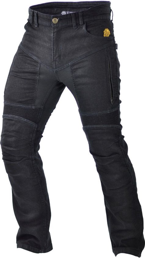 Zwarte Trilobite motorjeans met ritsen en kenmerkende kniestukken.
