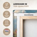 Dichtbij zicht op de achterkant van een canvas print met informatie over unieke designs en top-kwaliteit, gemaakt in Nederland.