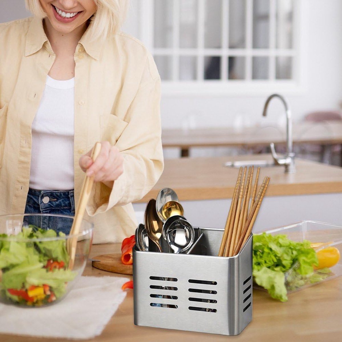 Bestekhouder met Afdruiprek – 2-vaks Afwasmand – Hangende Keuken Organizer voor Lepels, Vorken, Messen & Stokjes – Sneldrogend Afwasrek