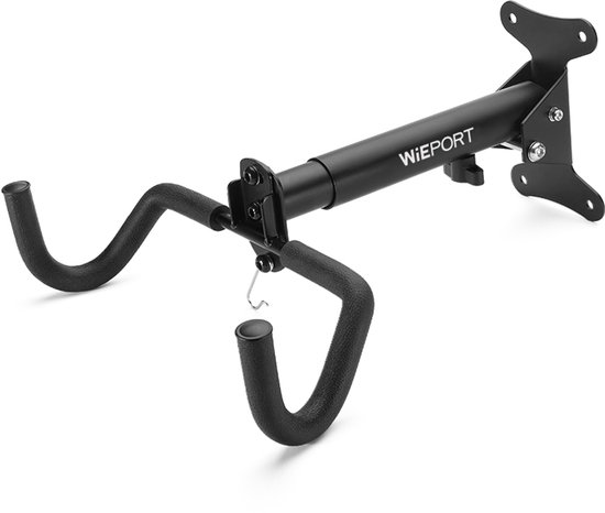 Zwarte Wieport fietsophanger met verstelbare haken en een haak voor een helm.