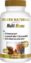 Fles van Golden Naturals Multi Mama supplementen, 180 capsules. De voorkant toont een zwangere buik en een jong kind.