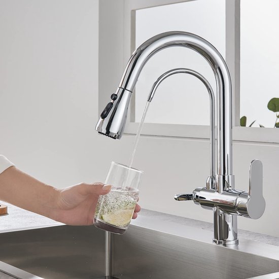 3-Weg Keukenkraan Met Uittrekbare Sproeier - Chroom - Gefilterd Water En Warm/Koud Menging