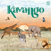 Kavango bordspel met giraf, olifant, zebra, leeuw en twee vogels in Afrikaanse savanne bij zonsondergang.