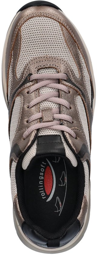 Bovenkant van een grijze Gabor Rollingsoft sneaker met beige mesh, metallic roze accenten en roze veters.