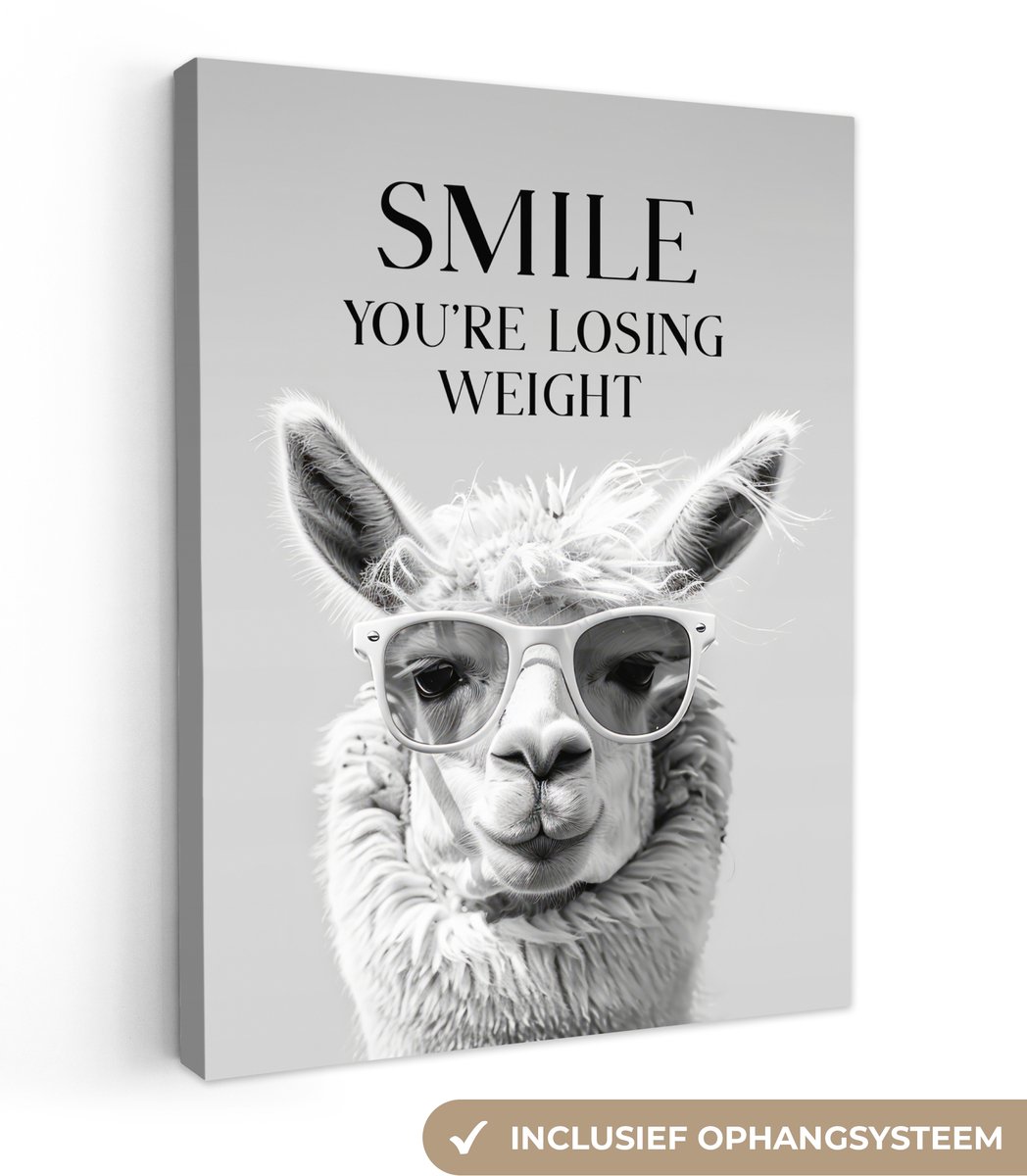 Canvas schilderij 90x120 cm - Wanddecoratie badkamer Quotes - Lama - Smile - Spreuken - Gr