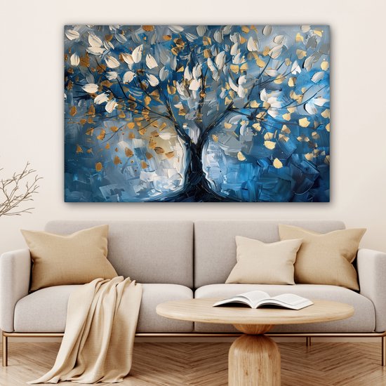 Peinture sur toile 120x80 cm - Décoration murale Arbre - Blauw - Or - Abstrait - Décoration murale murale salon - Décoration chambre - Accessoires de chambre - Peintures
