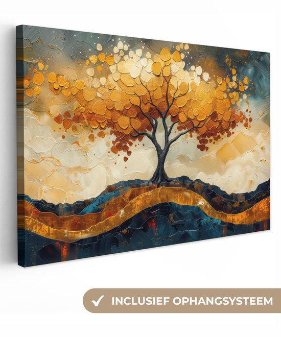 Canvas schilderij 120x80 cm - Wanddecoratie Boom - Natuur - Goud - Modern - Muurdecoratie woonkamer - Slaapkamer decoratie - Kamer accessoires - Schilderijen op canvas