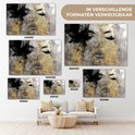 Verschillende formaten van een abstract schilderij van een gezicht met zwarte verfspatten en gouden accenten.