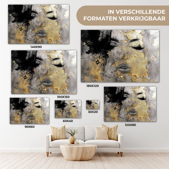 Verschillende formaten van een abstract schilderij van een gezicht met zwarte verfspatten en gouden accenten.