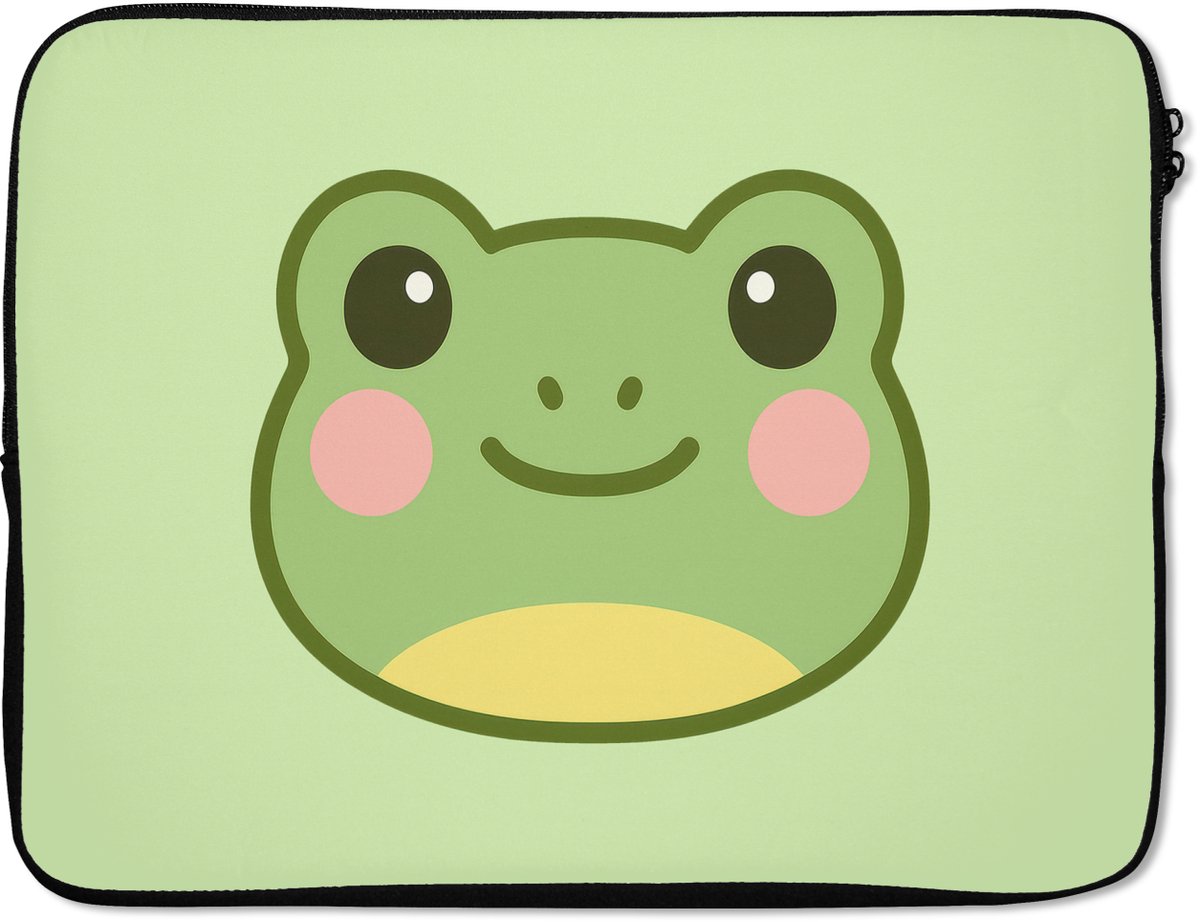 Laptophoes 15.6 inch - Kikker - Groen - Vriendelijkheid - Laptop sleeve - Binnenmaat 37x26 cm - Zwarte achterkant