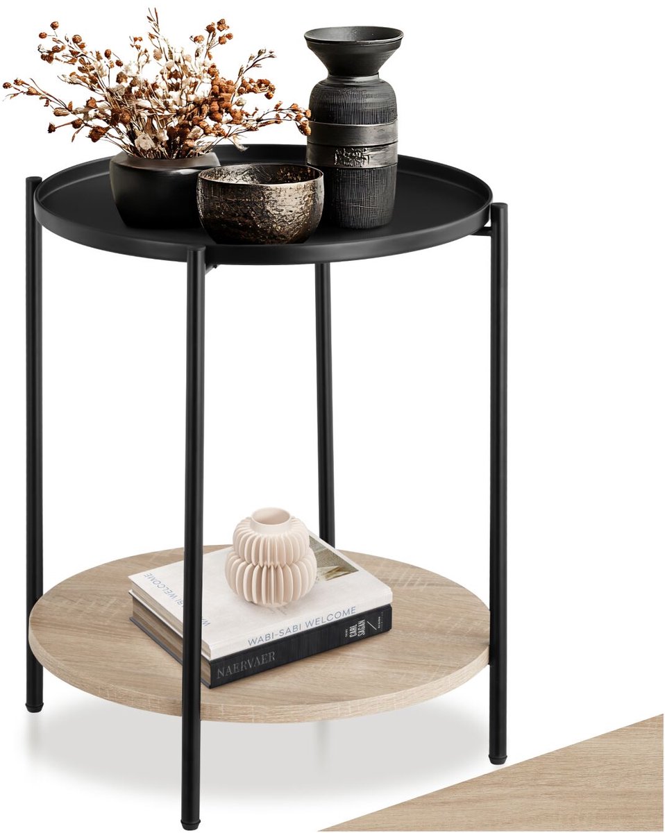 tectake® Ronde Bijzettafel van Metaal en Hout – Salontafel met 2 Niveaus, Uitneembaar Dienblad, Voor Woonkamer of Slaapkamer, Zwart Metalen Frame – Licht Sonoma Eiken