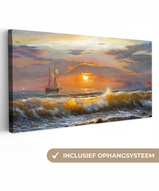 Toile - Peinture - Peinture à l'huile - Water - Bateau - Plage - Peinture - 160x80 cm - Décoration murale