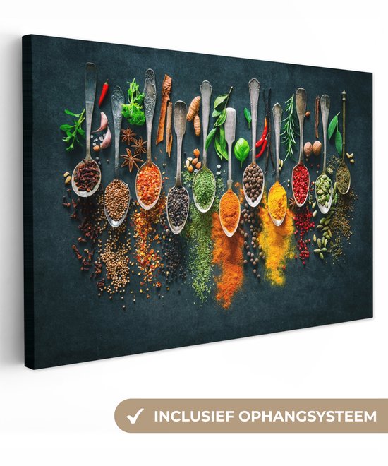 Canvas schilderij 120x80 cm - Wanddecoratie Lepels - Kruiden - Kleurrijk - Specerijen - Muurdecoratie woonkamer - Slaapkamer decoratie - Kamer accessoires - Schilderijen op canvas