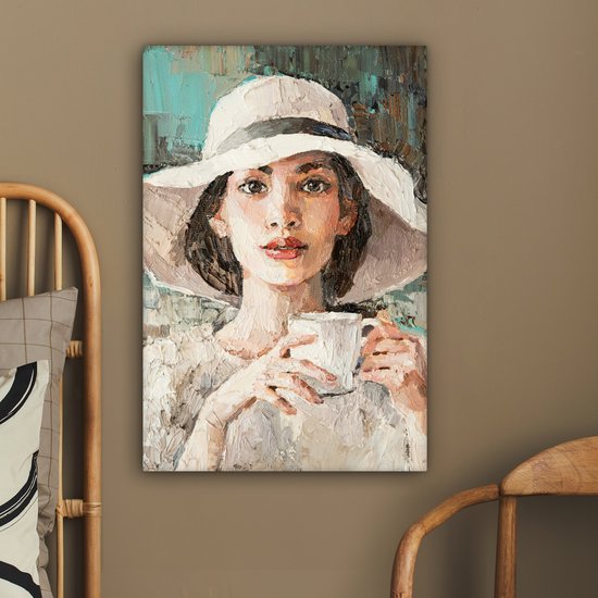Toile - Peinture - Huile - Femme - Café - Chapeau - 40x60 cm - Peintures sur toile - Intérieur