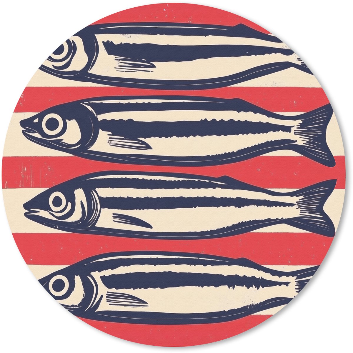 Muismat rond 30x30 cm - Mousepad Sardines - Rood en beige strepen - Ronde muismatten