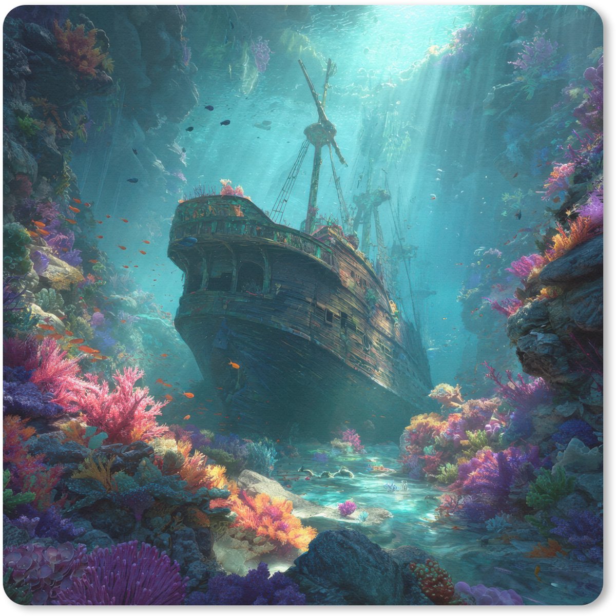 Muismat 30x30 cm - Mousepad Schip - Hout - Koraalriffen - Zonlicht - Muismatten