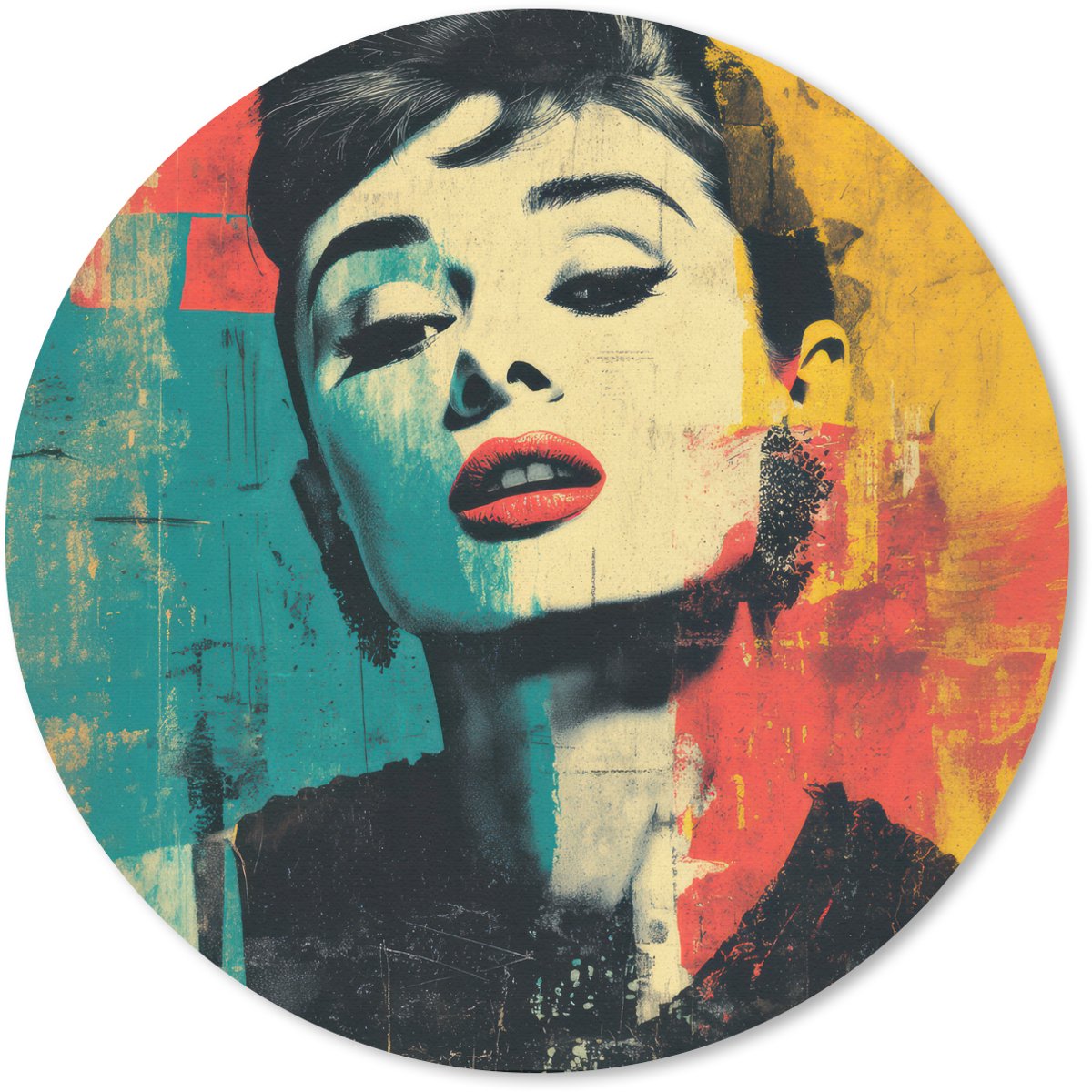 Muismat rond 50x50 cm - Mousepad Vrouw - Rode lippen - Expressief - Grafisch - Ronde muismatten