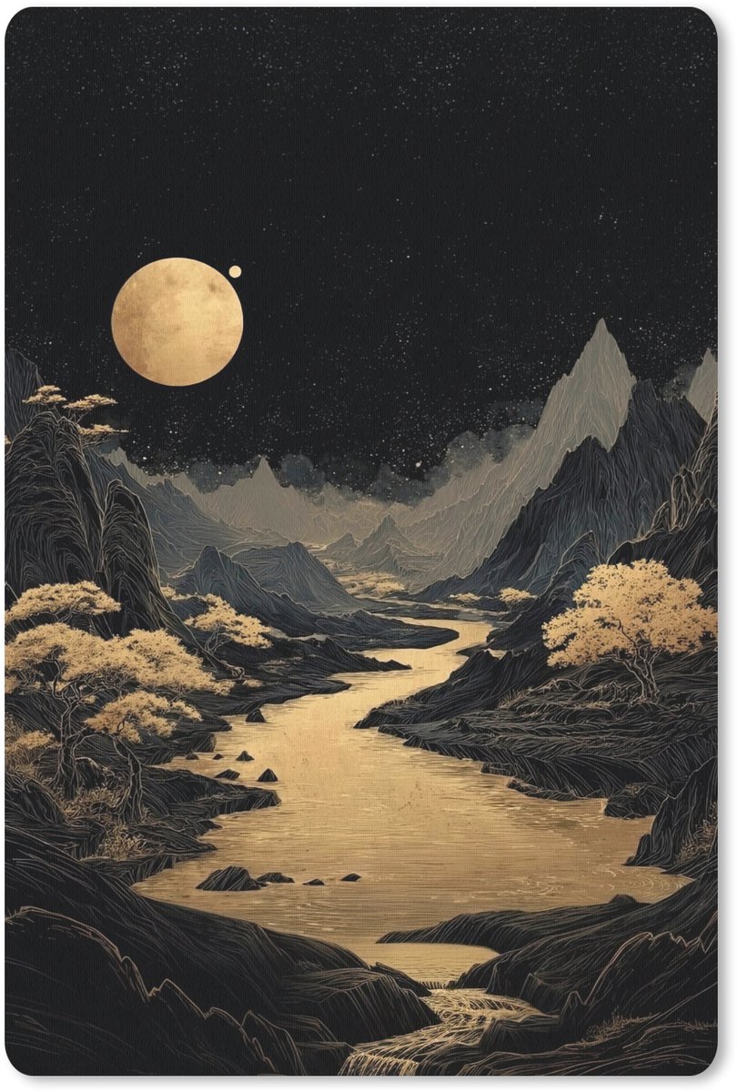 Muismat 18x27 cm - Mousepad Gouden rivier - Bergen - Maan - Sterrenhemel - Muismatten