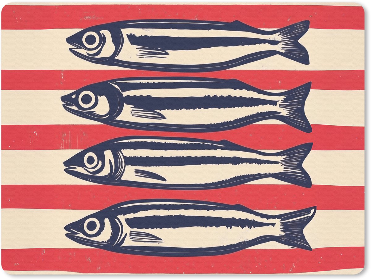 Muismat 23x19 cm - Mousepad Sardines - Rood en beige strepen - Muismatten