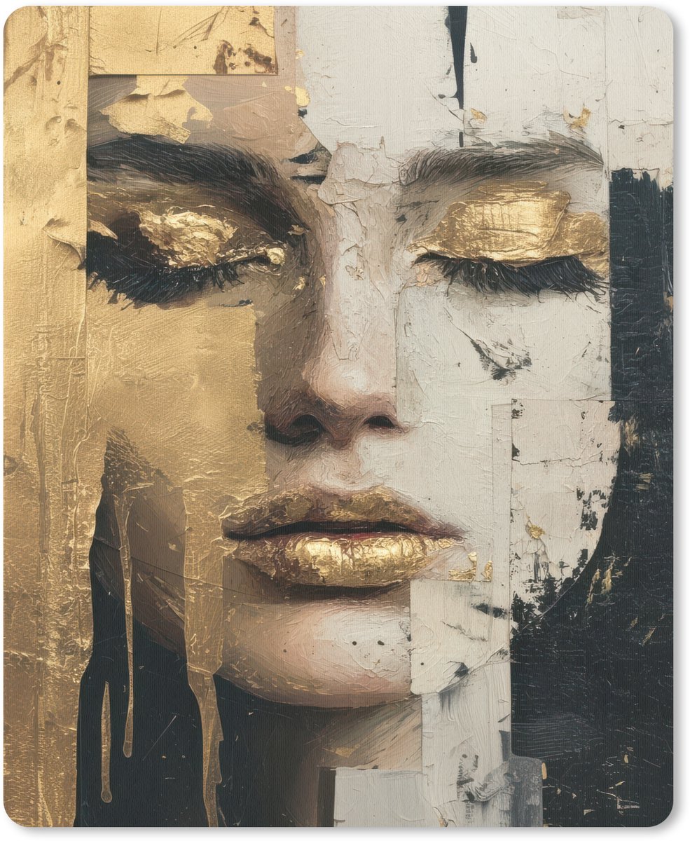 Muismat 19x23 cm - Mousepad Abstract - Goud - Gezicht - Lippen - Muismatten