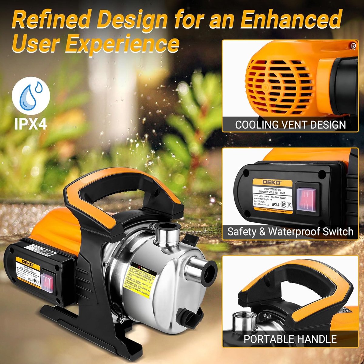 Draagbare Waterpomp 800W met Drukverhogend Systeem voor Tuin en Irrigatie thumbnail 3