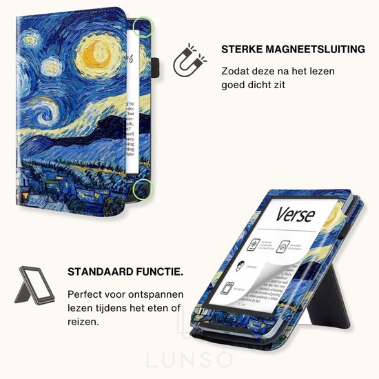 Lunso PocketBook Verse / Verse Pro / Verse Color hoes (6 inch) - Luxe Stand sleepcover - Van Gogh Sterrennacht van Lunso — afbeelding 4