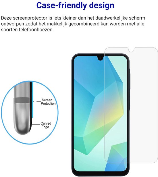 Transparante screenprotector, iets kleiner dan het scherm, voor compatibiliteit met telefoonhoesjes.