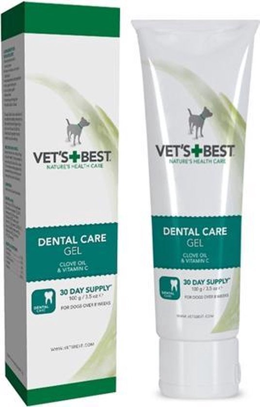 Vet's Best tandgel voor honden in witte tube en doos met groene accenten, bevat kruidnagelolie en vitamine C.