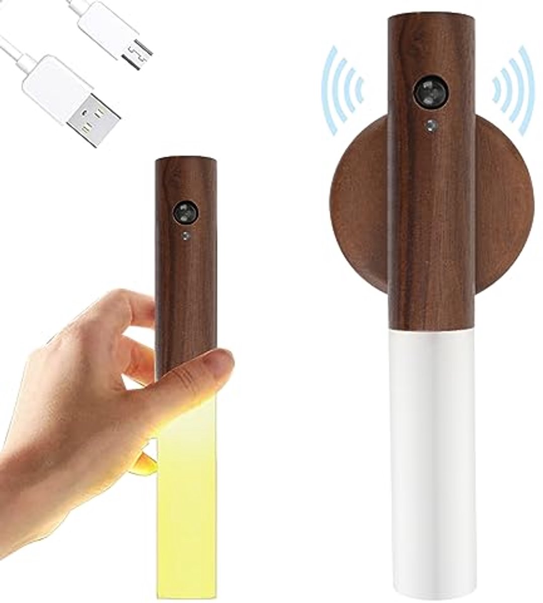 Houten wandlamp met bewegingssensor - Oplaadbaar en draadloos nachtlampje voor slaapkamer en kinderkamer