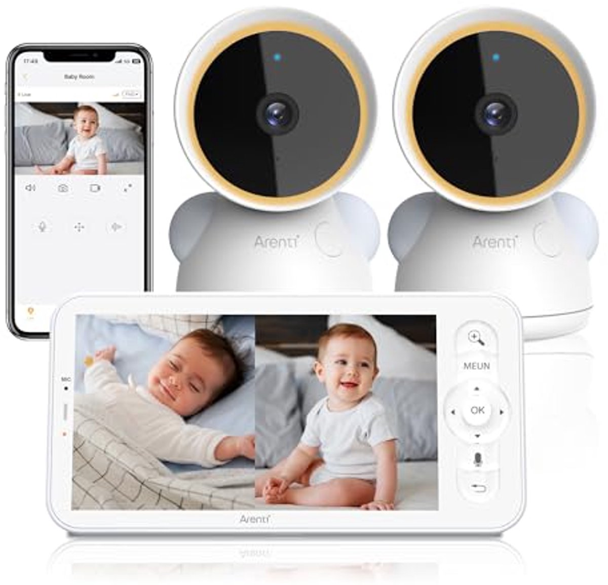 Babyfoon met camera's en app 2K/3MP, 5 inch wifi-video-babyfoon met automatische tracking, temperatuur- en luchtvochtigheidssensor, nachtzicht, compatibel met Alexa